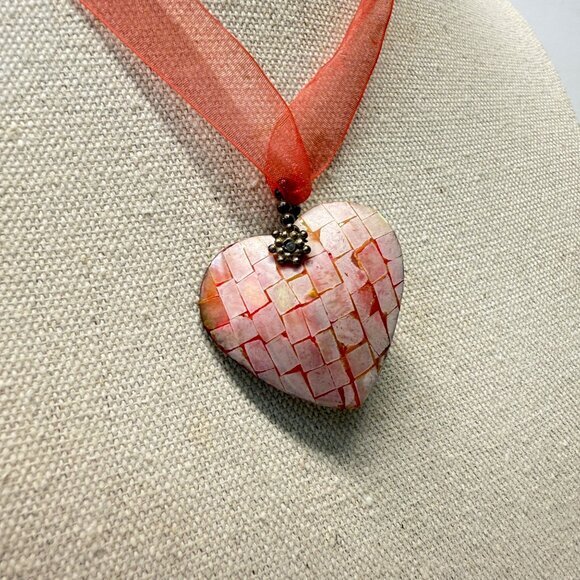 Abalone Mosaic Heart Pendant Necklace Pastel Beachy Coastal Feminine Reversible - Picture 3 of 9
